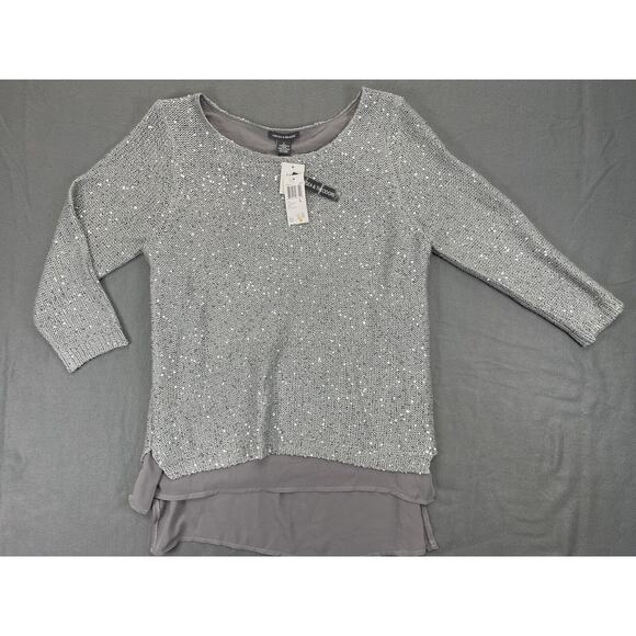 Chelsea & Theodore Women’s Large Sweater 3/4 Sleeve Sequins Gray Chiffon Liner - Picture 1 of 8